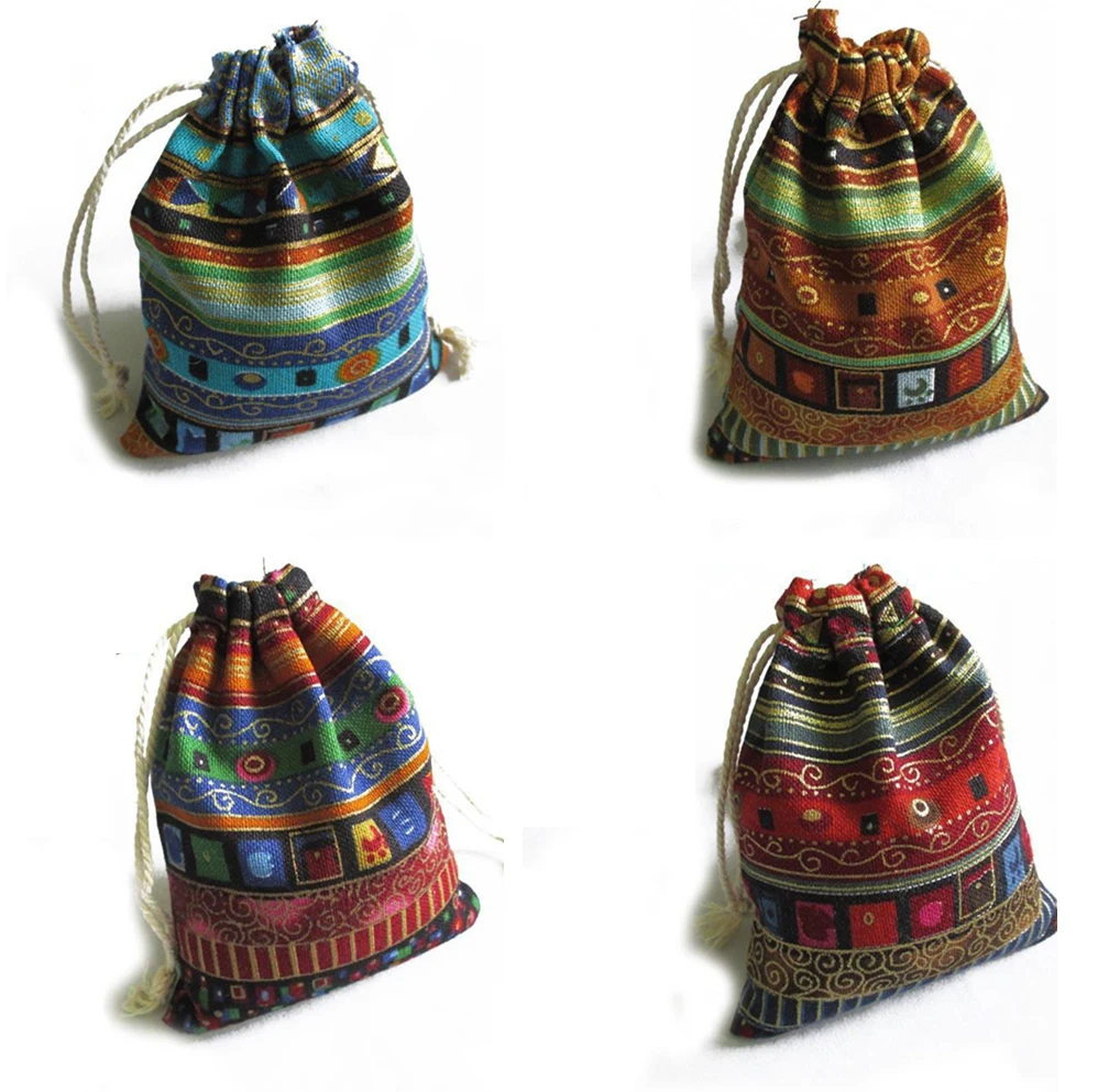 3Pcs Cotton  Gift Bags Multicolor Tribal Tribe Drawstring Jewelry Bags Pouches Package Storage Chinese Ethnic Style 9.5cm X12cm