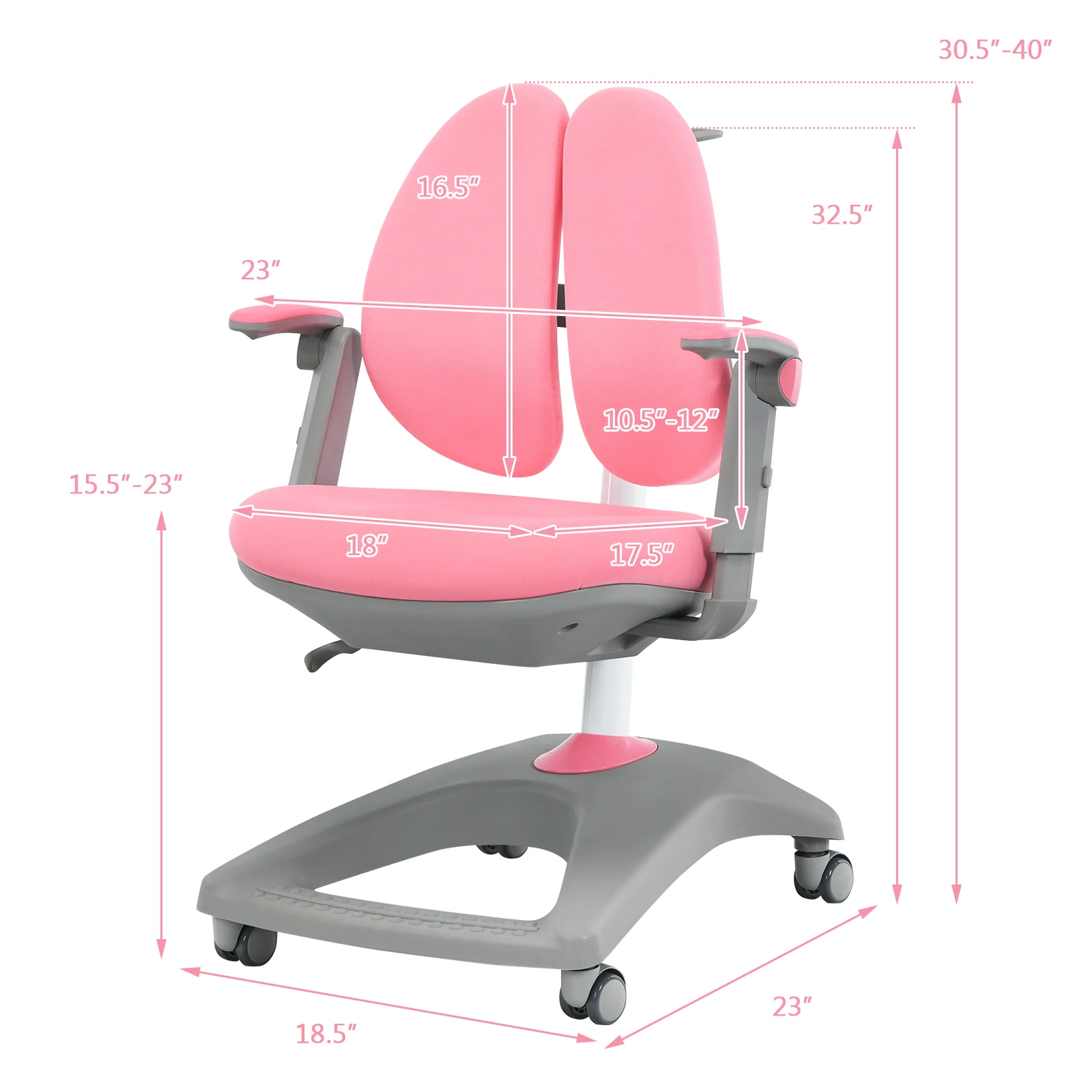 Honeyjoy-Chaise d'étude réglable pour enfants, chaise de bureau pour enfants, profondeur recommandée avec roulettes à frein assis, rose