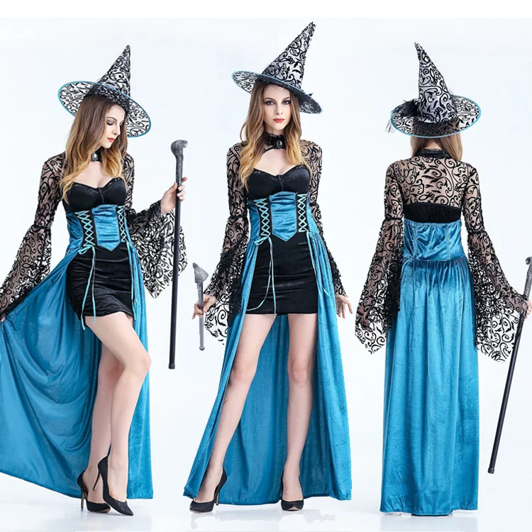 

Halloween Adult Witch Cos Masquerade Performance Blue Skirt