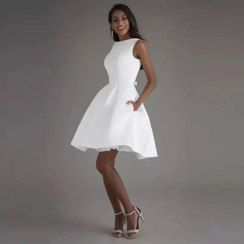 Robe de Mariée Courte en Satin Blanc Ivoire, Vêtement de ixde Mariage, de Haute Qualité, 2021