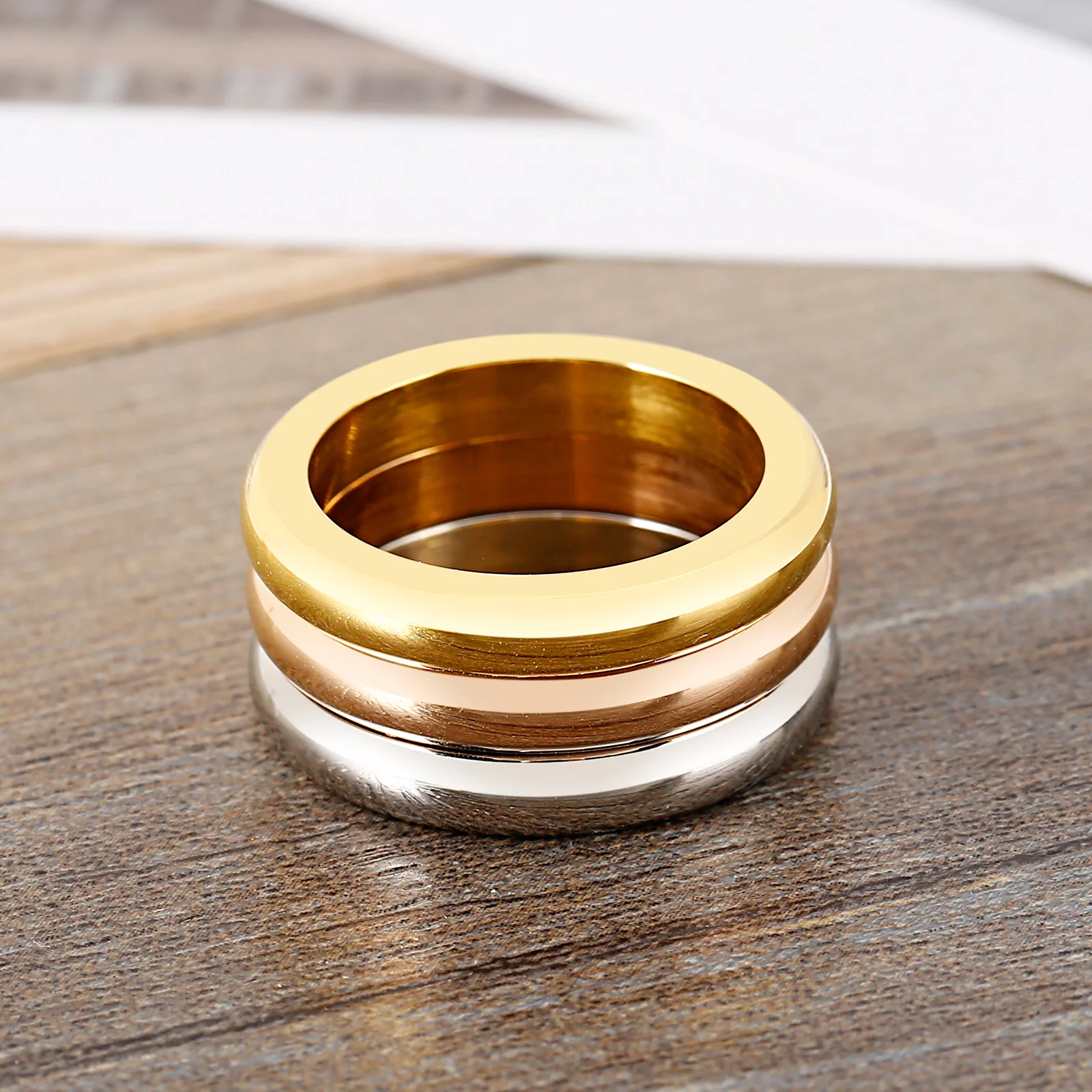 Stainless Steel Tricolor Smooth Round Ring For Women Fashion Simple Jewelry Accessories