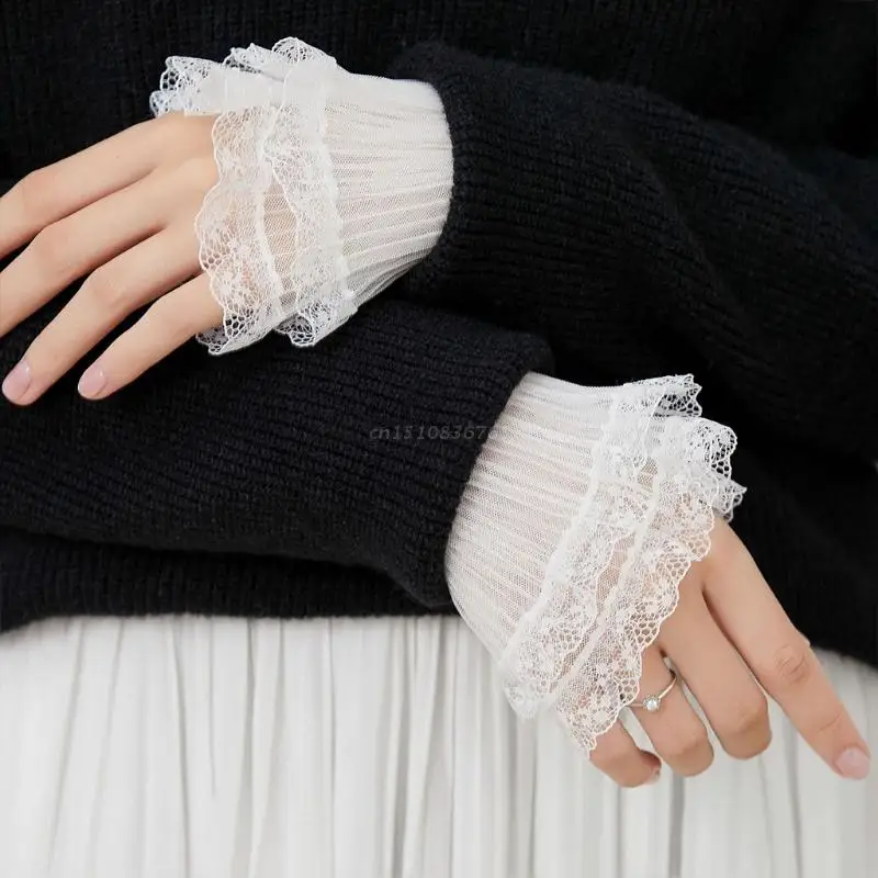 Elastic Pleated Horn Cuff Detachable Layered Lace False Sleeves Wrist Cuffs Sweater Decoration Shirt False Sleeve