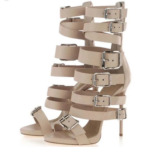

Summer Gladiator Fasten Heel Strap Sandal Boots Woman Metal Buckle Straps Cutouts Ankle Boots Peep Toe Thin High Heel Booties