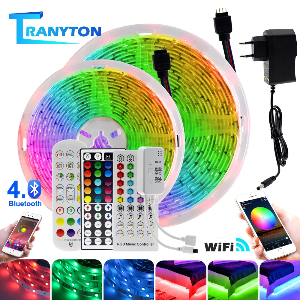 

Светодиодная лента Wi-Fi 5050 RGB 5M/10M/15M/20M/30M DC12V неоновая лента + ИК/Bluetooth/ Wi-Fi пульт дистанционного управления + адаптер питания для украшения дома