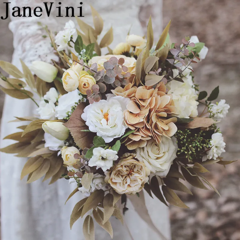 JaneVini Ins Vintage Bride Bouquet Artificial Defoliation Beige Coffee Color Bridal Silk Flower Bouquet Wedding Brooch Supplies