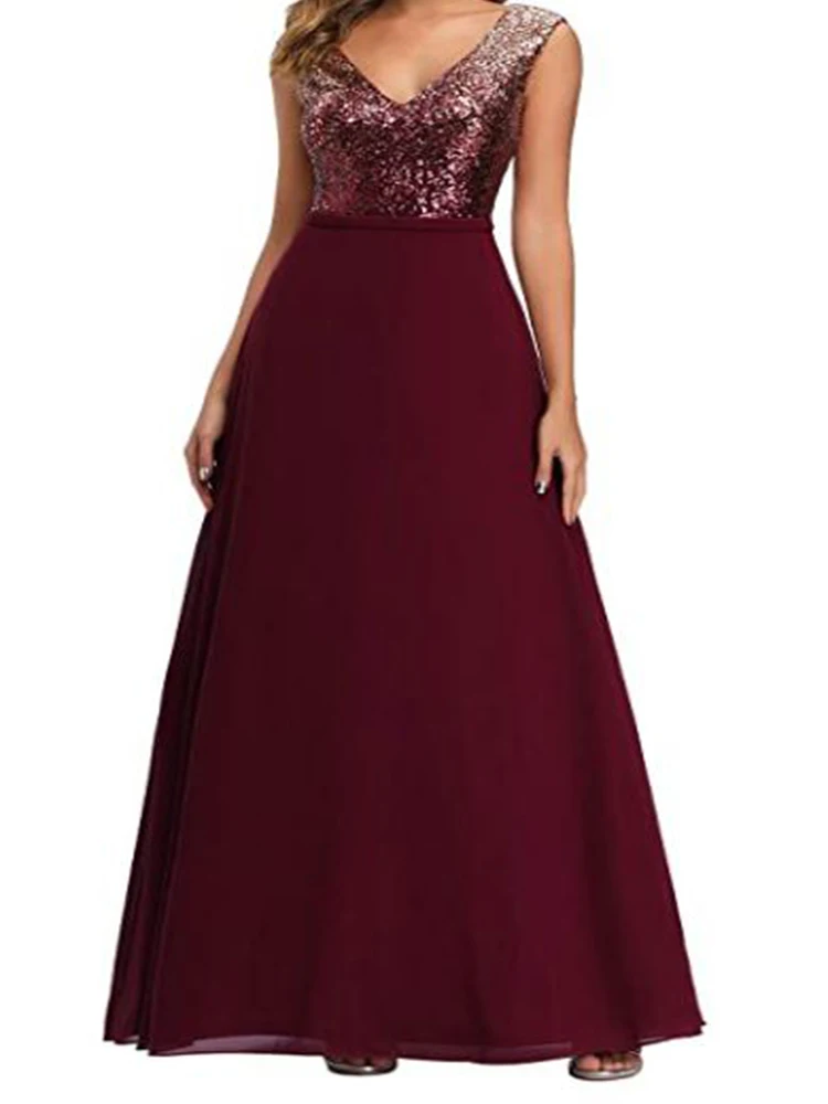 A-line V-neck sleeveless sequin dress, long bride and mother dress and elegant lady evening dress cocktail party dress