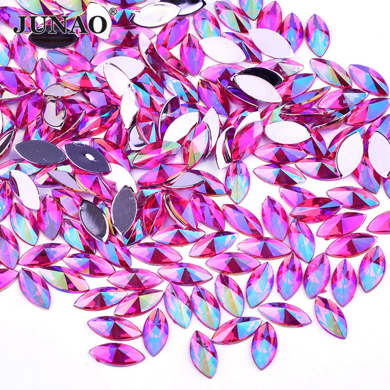 JUNAO 7x15mm Glitter Rose AB Acrylic Crystal Rhinestones Nail Art Stones Horse Eye Shape Flatback Glue On Strass for Decoration