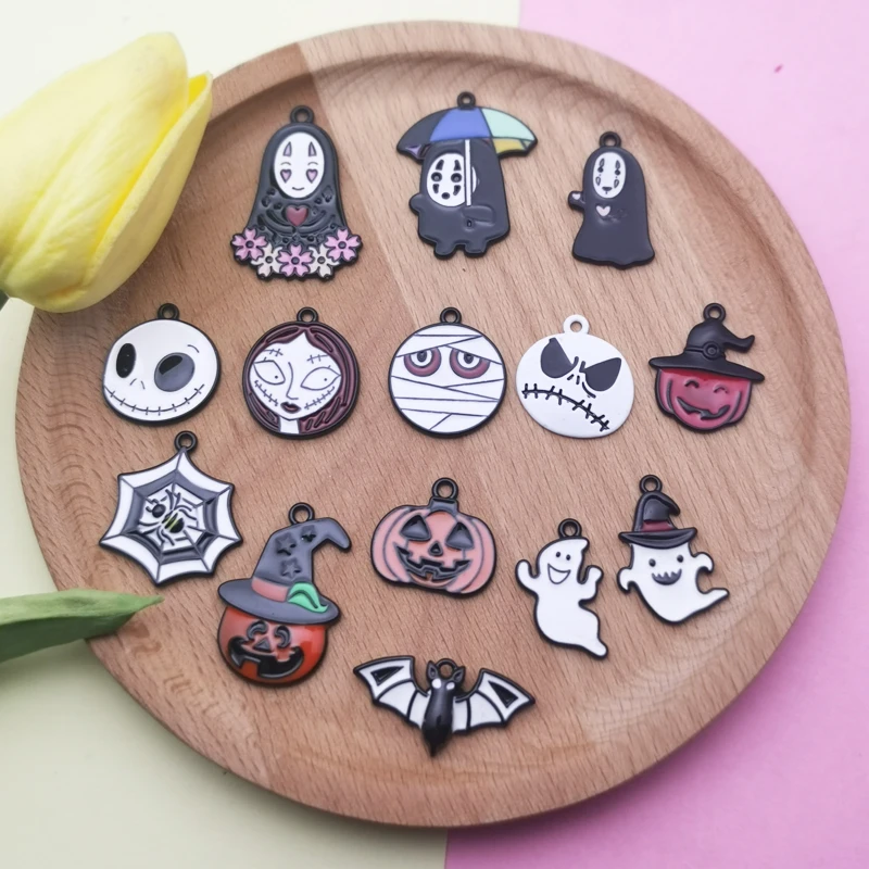 

10pcs/14pcspack Ghost Pumpkin Halloween Series Charms Spray Paint Black Color Metal Earrings Pendants Fit DIY Jewelry Making