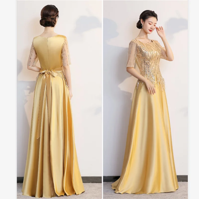 DLH-65#Cantata Performance Dress Wholesale Female Long Middle-aged Elderly Choir Host Evening Dresses Golden Wine Red Sequins