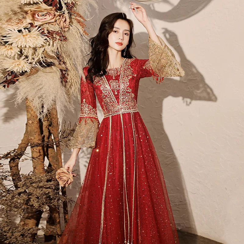 Sexy Vintage Improved Chinese Style Wine Red Flare Sleeve Long Evening Dresses Elegant Formal Dress Wedding Toast Dress