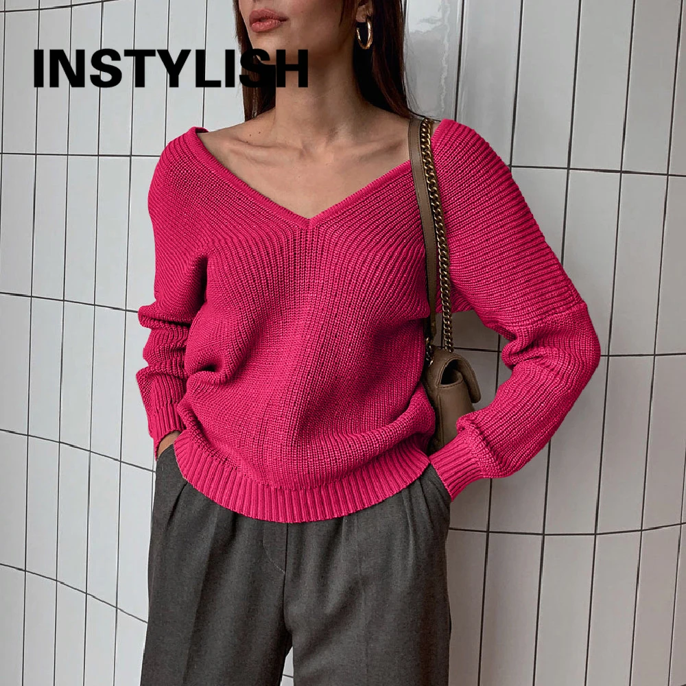 Women Oversized Sweater Elegant Double V Neck Batwing Sleeve Loose Pullover Thick Knitted Pullover Casual Solid Jumper Tops