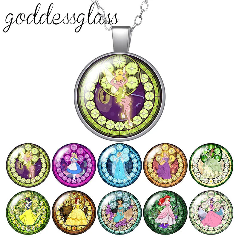 Disney Princesses Belle Snow white Tinkerbell Round Glass glass cabochon silver plated/Crystal pendant necklace jewelry Gift