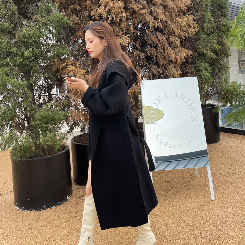 100% Wool Autumn And Qinter 2021 New Long-Sleeved Belt Hat Keep warm Lengthen Coat Casual Beautiful Woolen Coat Women