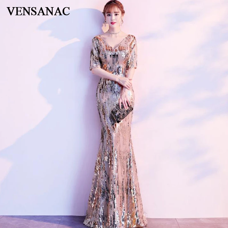 

VENSANAC Sexy Deep V Neck Sequined Mermaid Long Evening Dresses Half Sleeve Backless Party Prom Gowns