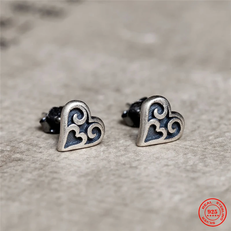 MKENDN 925 Sterling Silver Heart of the Tribe Stud Earrings Personality Minimalist Heart Ear Jewelry Accessories Gothic Style