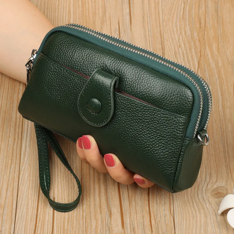 Genuine Leather Ladies Clutch Purses Long Women Wallet Zipper Wrist Bag Female Coin Purse Mobile Phone Bag chain Crossbody bags