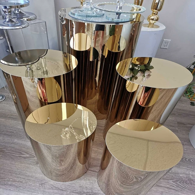 

5pcs/set)Events party decoration metal gold mirror round column pillar display pedestal plinth stand wedding plinths stand qq014