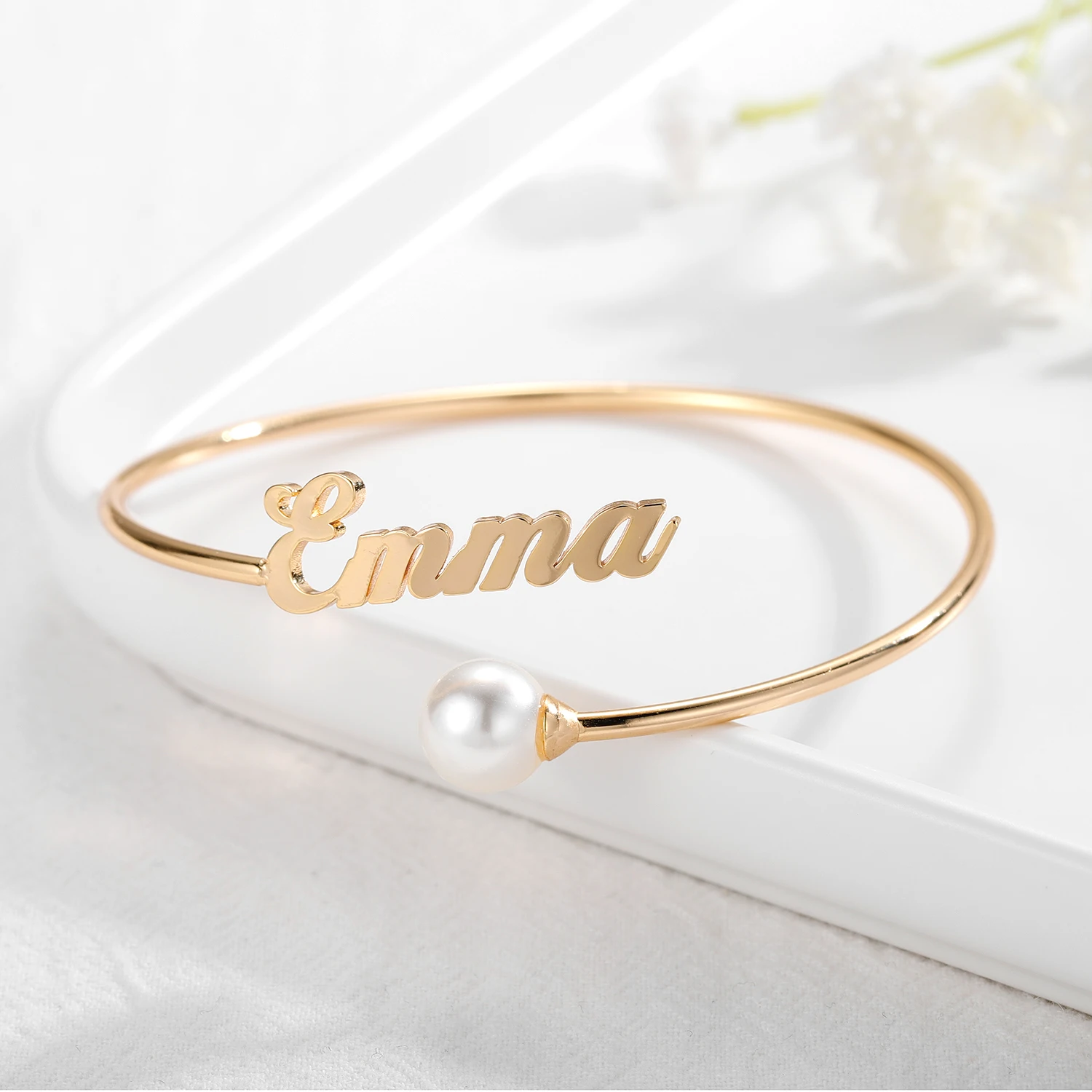 

Personalized Name Bracelets Pearl Bangle Fashion Jewelry 2021 Adjustable Stainless Steel Cuffs Bracelet For Women Gifts