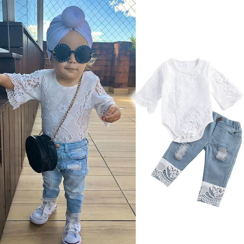 Mildsown Kids Baby Girls 2pcs Clothes Sets Lace Flowers Long Sleeve Bodysuit Romper Tops Blue Denim Pants Autumn Outfits 0-24M