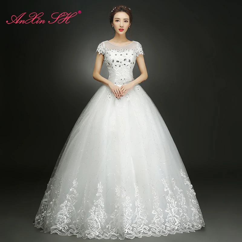 AnXin SH Princess flower white lace vintage illusion beading crystal white o neck short sleeve lace up customized wedding dress