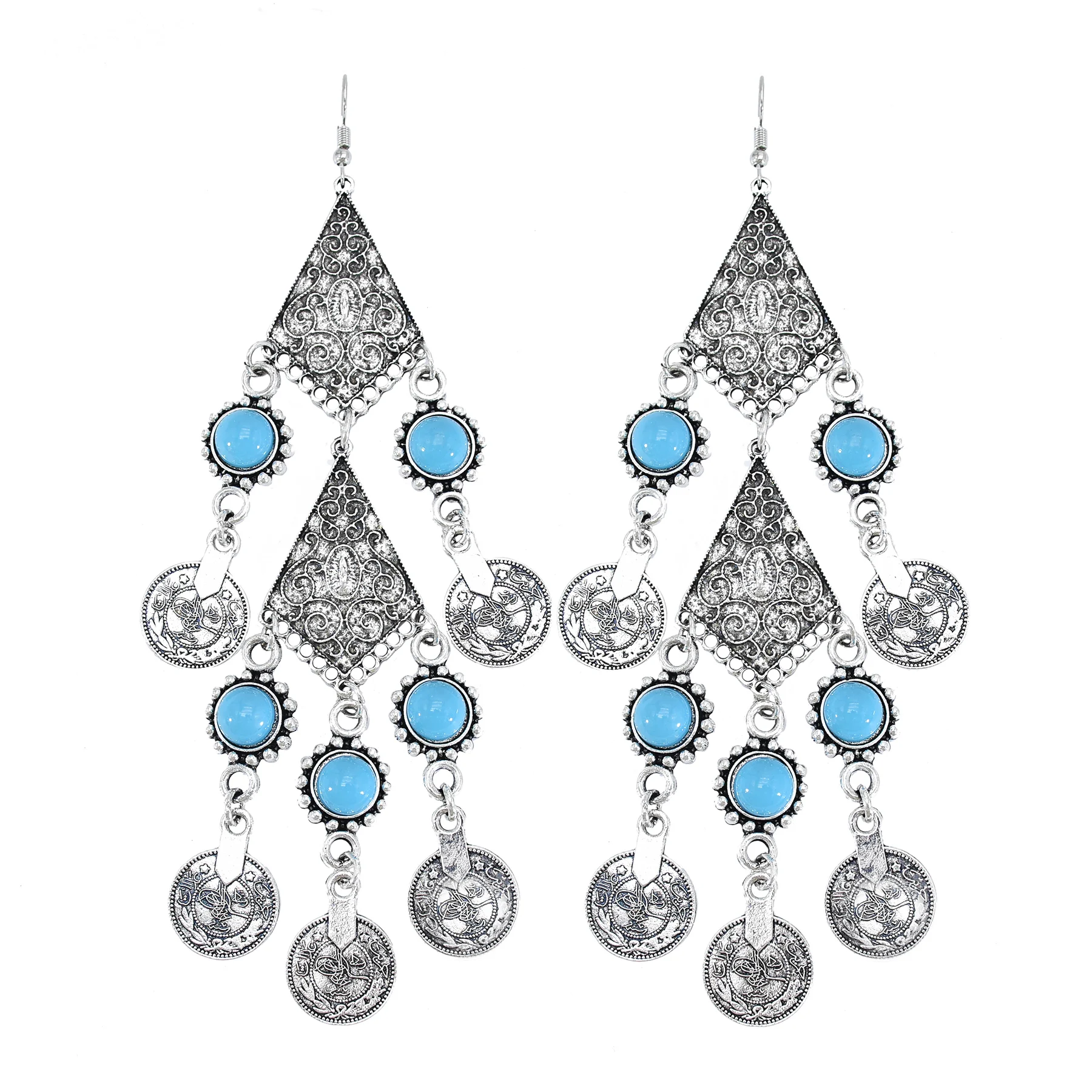 Turkish Vintage Metal Indian Jhumka Earrings for Women Boho Big Red Blue Stone Statement Earring Gypsy Tribal Jewelry Gift