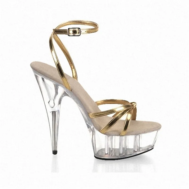 Sexy hollow out electroplated sandals, 15cm high heels, 6in cross-strap aqua gold sandals