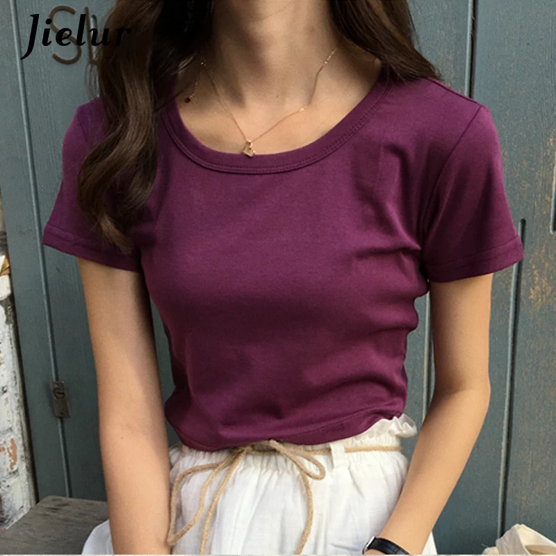 Jielur Tee Shirt Summer Women Solid Color Tops O-neck Short Sleeve Short Tshirts Slim 8 Colors Basic Female White T-shirt