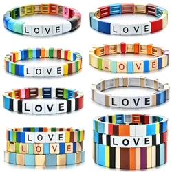28 Styles Bohemian Handmade Rainbow Elastic Stretch Stack Letter Love Tile Metal Alloy Bead Enamel Painted Bracelet Valentine's