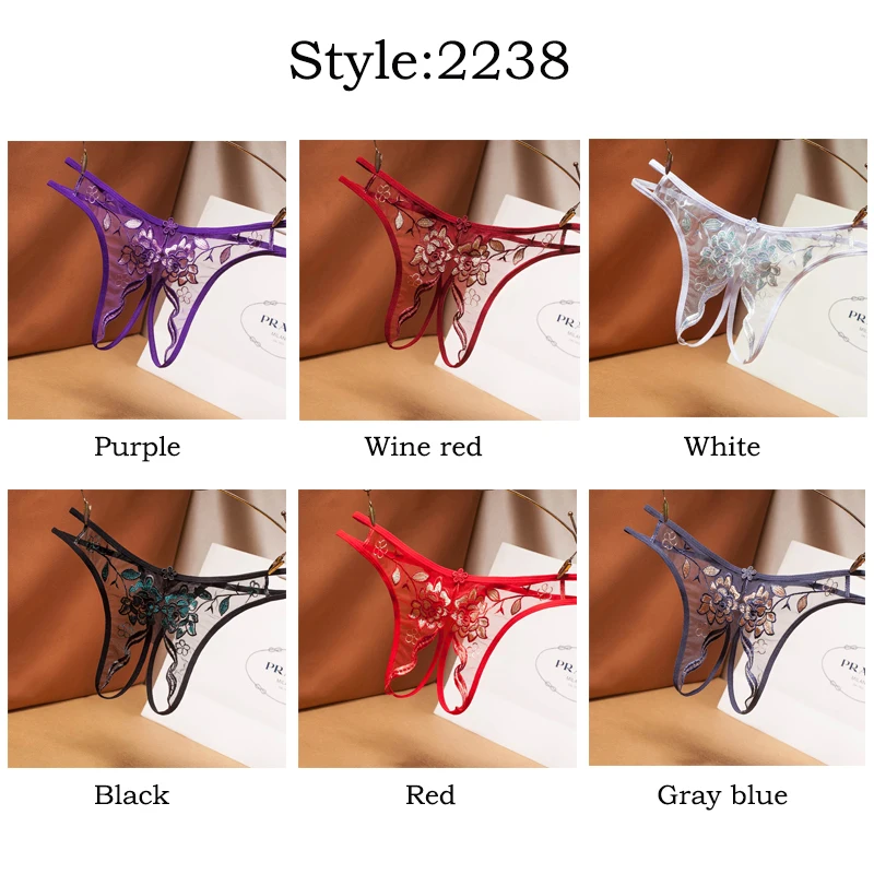 Women Sexy Thongs Embroidered Floral G-string Lace Lingerie Underwear Low Waist Open Crotch Underpants Female Panties Briefs