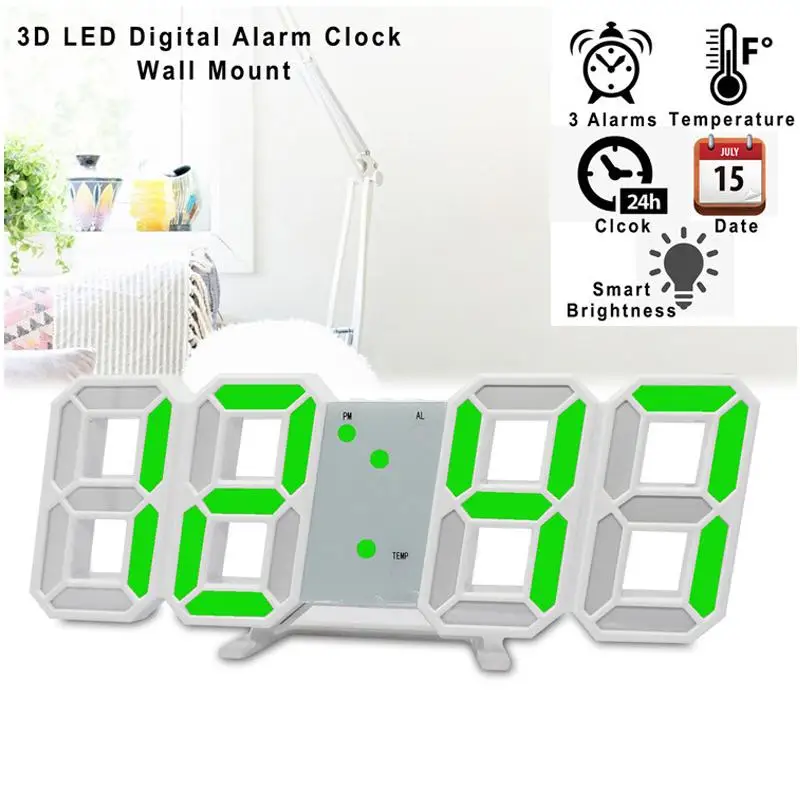 

USB light 3D Big LED Digital Wall Clock Date Time Celsius Nightlight Display Table Desktop Clocky Alarm Clocks Home Living Room