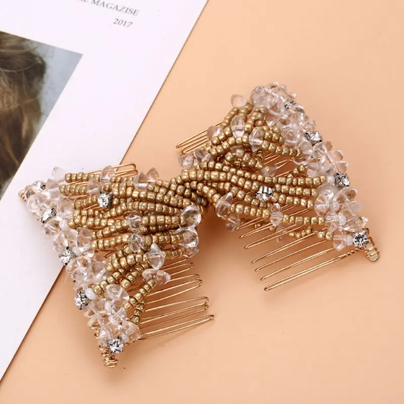 Women Handmade Imitation Pearl Beaded Jewelry Magic Hair Side Combs 20 Tooth Stretchable Double Clips Styling Hairpins