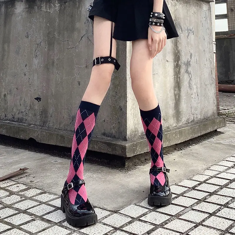 Autumn Winter Women Calf Socks JK INS Tide Cotton Stockings British Style Plaid Female High Knee Sock Polyester Long Calcetines