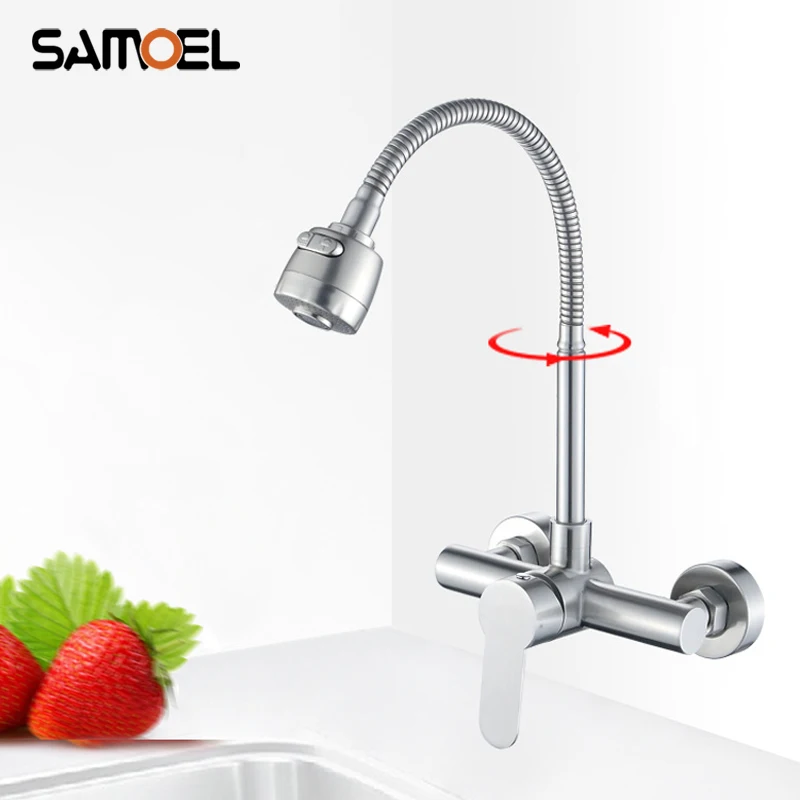 Economic Stainless Steel Wall Mounted Kitchen Sink Faucet Mixer Two Hole Kitchen Water Tap with Spring Sprayer NL717