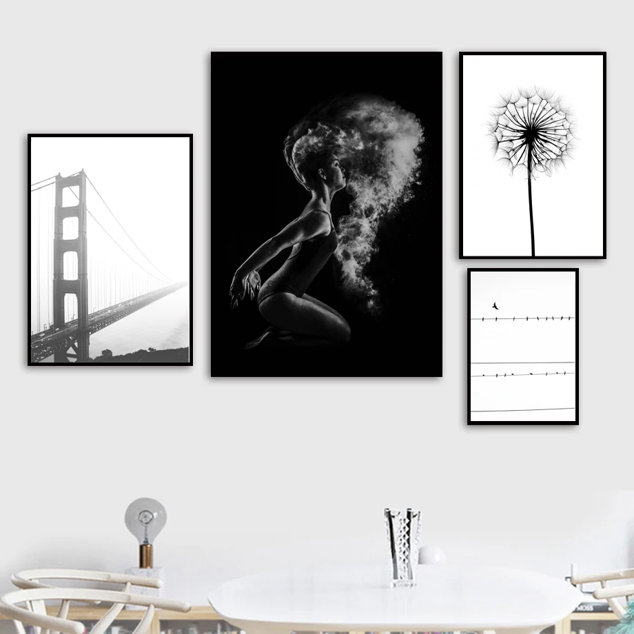 Bridge Dandelion Dancer Bird Wall Art Canvas Painting Nordic Posters And Prints Black White Wall Pictures For Living Room Decor