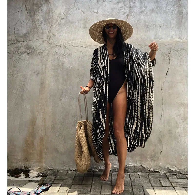 2024 Bikini Cover-Ups Zwart Retro Gestreepte Zelfgordel Dames Zomer Kimono Jurk Strandkleding Zwempak Cover Up