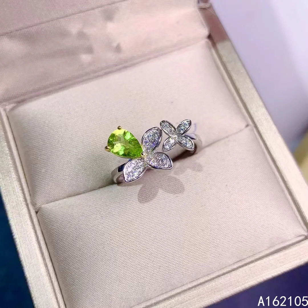 925 pure silver Chinese style natural Peridot women's luxury elegant water drop plant open gem ring fine jewelry support detecti