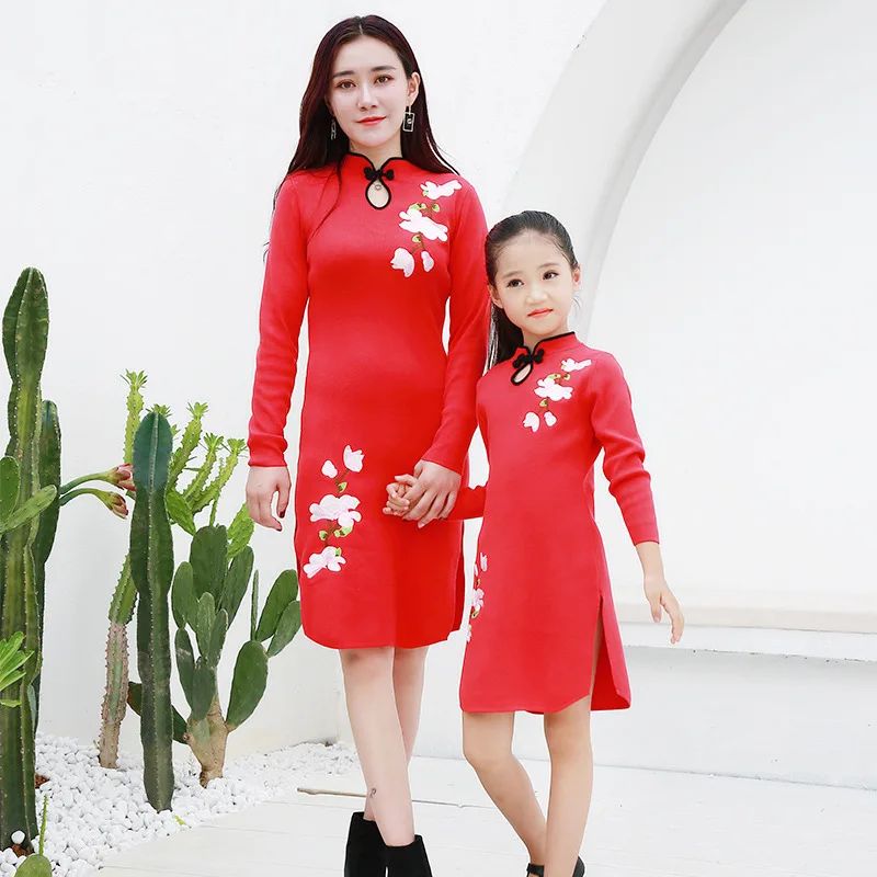 New Winter Chinese National Wind and Parent-child Loaded Long Creative Cheongsam Show Clothing Manufacturers