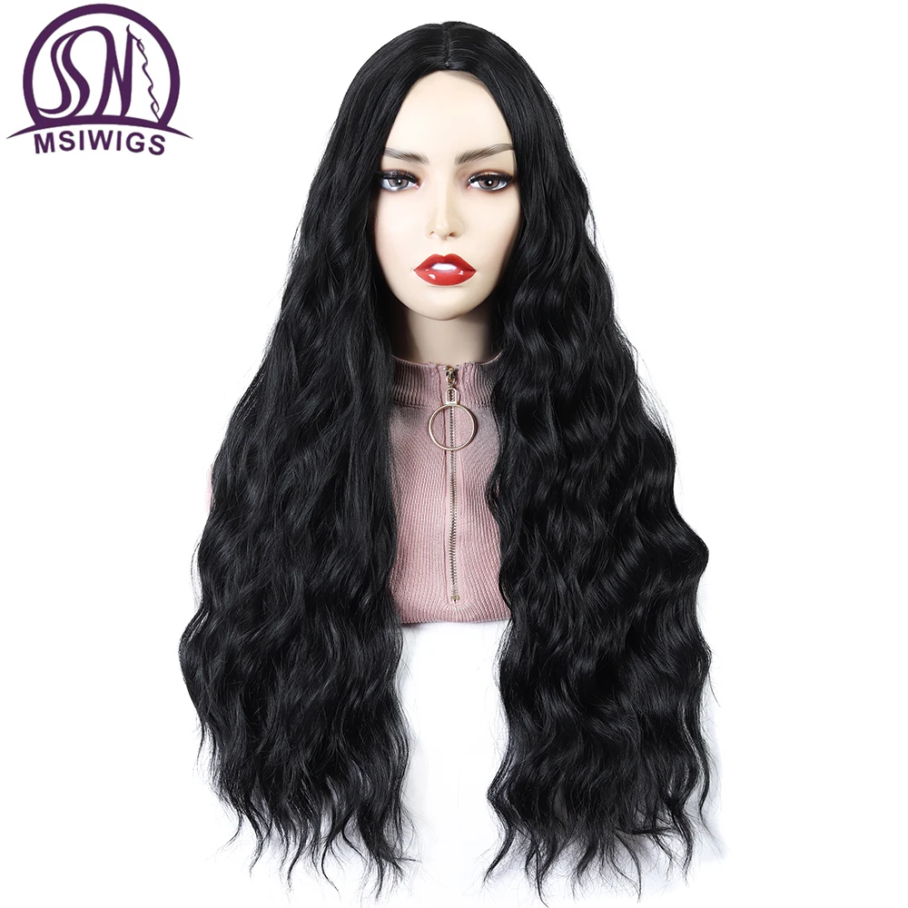 MSIWIGS Long Black Curly Wigs for Women African American Afro Middle Part Synthetic Heat Resistant Fake Hair Cosplay Wig