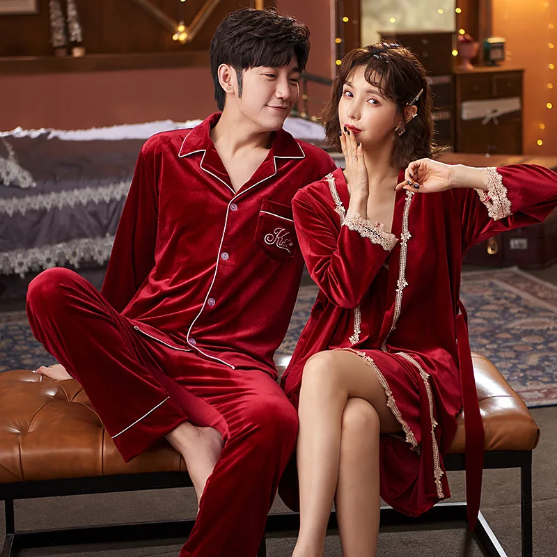 

Autumn Winter Velvet Couple Lovers Pajamas Women Velour Robe Sets Sexy Nightwear Sleepwear Men Long Sleeve Pyjamas