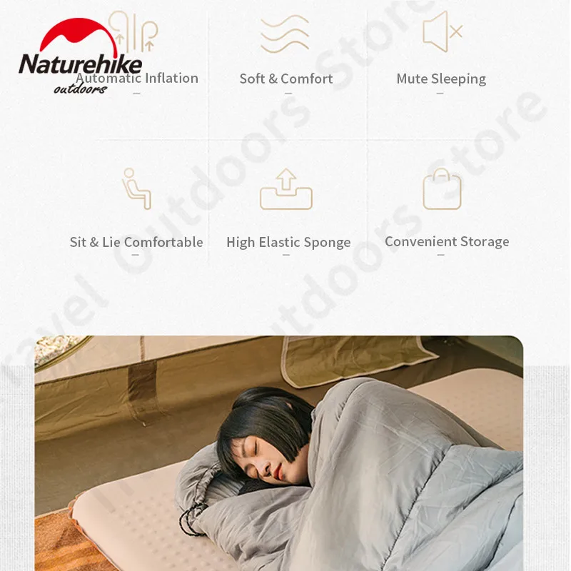 Naturehike Automatic Inflation Camping Mat Portable Travel1-2Person 30D Elastic Sponge Comfortable Mattress Outdoor Sleeping Pad