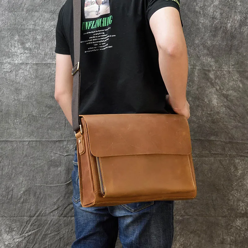 Crazy Horse Genuine Leather Man Messenger Bag Vintage Cowhide Shoulder Crossbody Bag 13inch Laptop Bag A4 Document Office bags