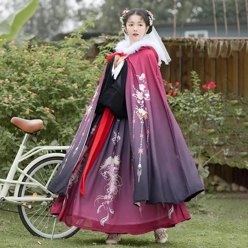 Musim Gugur Musim Dingin Wanita Hanfu Cape Jubah Peri Hooded Floral Cetak Mantel Hangat Kuno Cina Vintage Dinasti Tang Putri Mantel