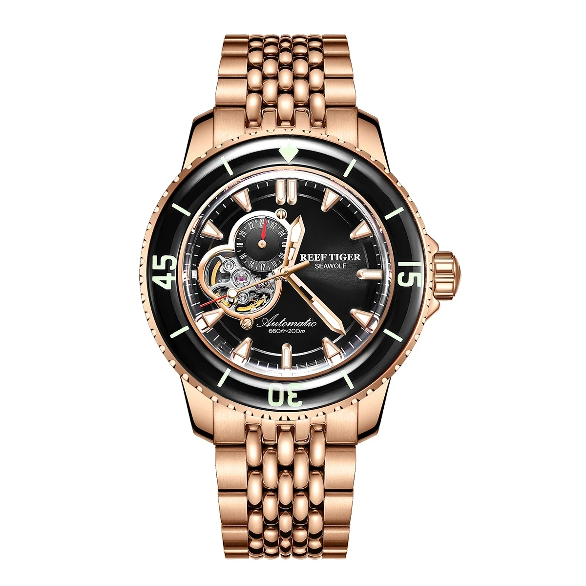 Reef Tiger/RT Luxury Dive Watch For Men Rose Gold Bracelet Automatic Watches Luminous Watch Waterproof 200m Mechanical Watches