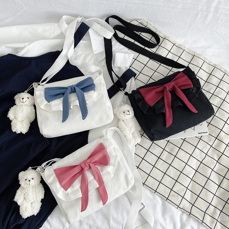 Women Bag Lolita Sweet Canvas Flap Bow Lady Solid Zipper Soft Shoulder Bag Pures And Bags Crossbody Japan Style