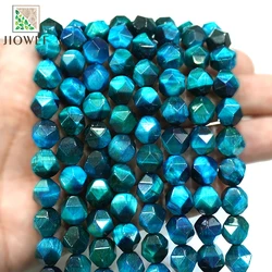 6 8 10MM Natural Stone Diamond Faceted Peacock Blue Tiger Eye Stone Round Loose Beads for Jewelry Making DIY Bracelet 15