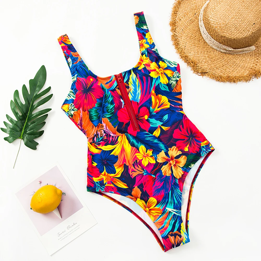 2023 New Sexy Zipper One Piece Swimsuit Women Swimwear Push Up Monokini Bodysuit Swimsuit Print Bathing Suit Summer Beachwear XL