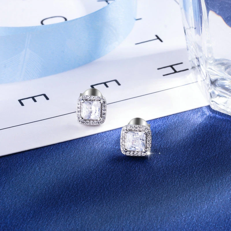 New Fashion Party Luxury Crystal Square Stud Earrings 925 Sterling Silver AAA Zircon Exquisite Ear Stud For Women Jewelry Gift