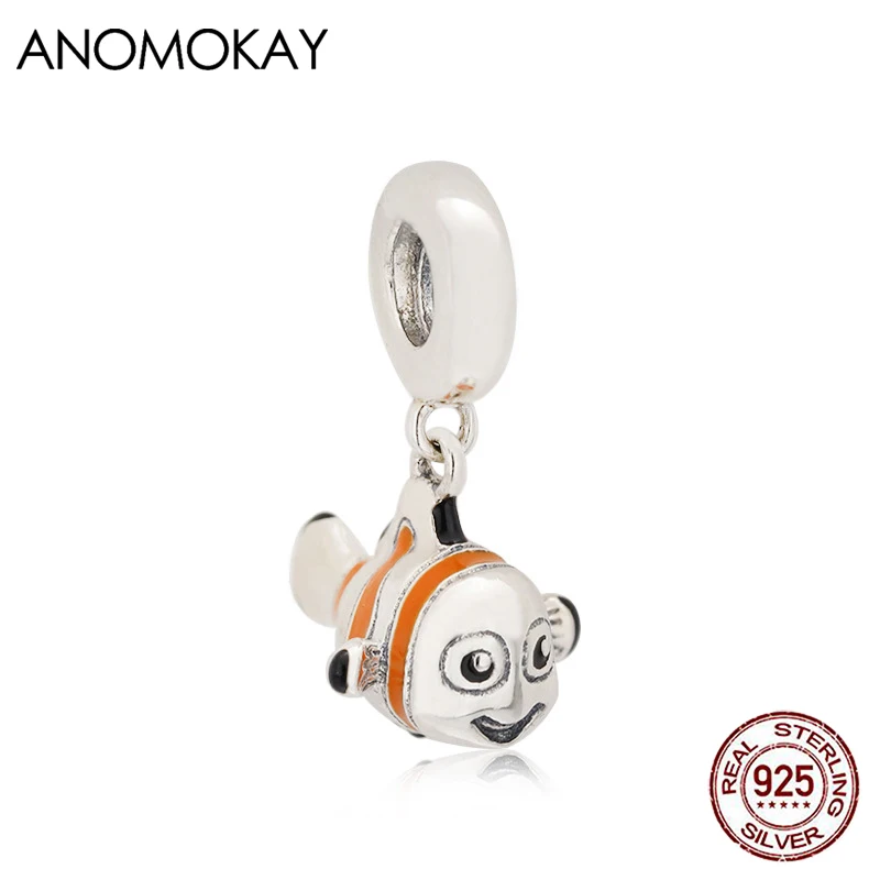 Anomokay Lovely Orange Enamel Little Fish Pendant Bead fit Bracelet & Bangle Genuine 925 Sterling Silver Cute Sea Animal Charms