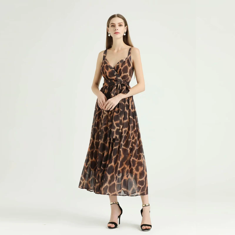 S-xxlhigh Quality 2022 Summer New Fashion Leopard Print High-grade Silk Fabric Smooth And Soft Sling Slim Lace Scarf Woman Dress