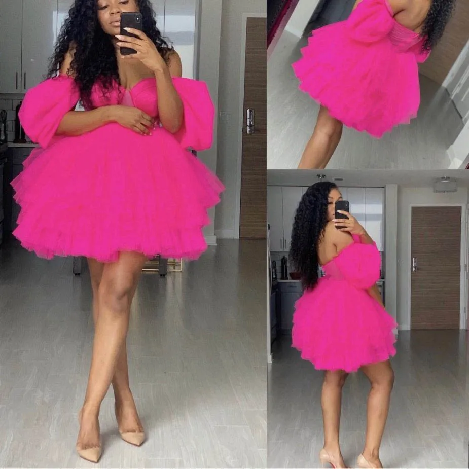 Orchid Mini Dress Hot Pink Off the Shoulder Short Prom Gown Party Dresses Women Puffy Tulle платье vestidos Cocktail Gowns Cheap